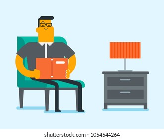 Caucasian white man relaxing with a book on the armchair. Young clever student reading a novel at home. Education and lifestyle concept. Vector cartoon illustration. Horizontal layout.