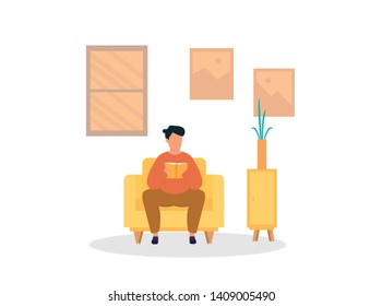 Caucasian white man relaxing with a book on the armchair. Young clever student drinking coffee and reading a novel at home. Vector cartoon illustration isolated on white background. Square layout.
