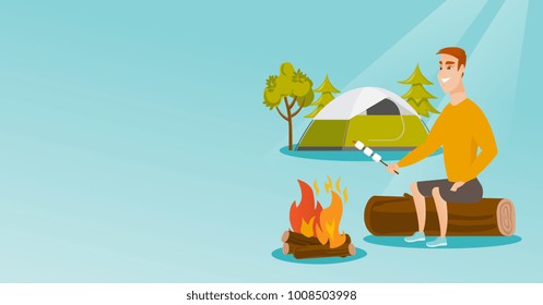 Caucasian white man roasting marshmallows over campfire on the background of camping site with tent. Man sitting near campfire and roasting marshmallows. Vector cartoon illustration. Horizontal layout