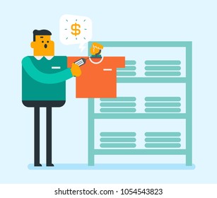 Caucasian white man shocked by price of a t-shirt in clothes shopping mall. Young surprised man looking at the price tag in the clothing store. Vector cartoon illustration. Square layout.