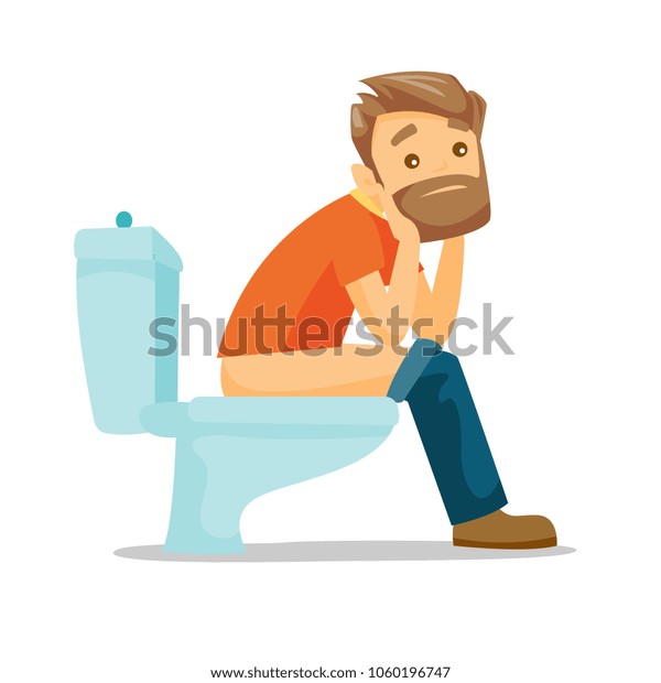 Caucasian white man sitting on the toilet bowl\
and suffering from constipation. Young hipster man suffering from\
diarrhea. Vector cartoon illustration isolated on white background.\
Square layout.