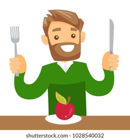 Caucasian white man sitting at the table with fork and knife and getting ready to cut an apple. Concept of healthy nutrition. Vector cartoon illustration isolated on white background. Square layout.