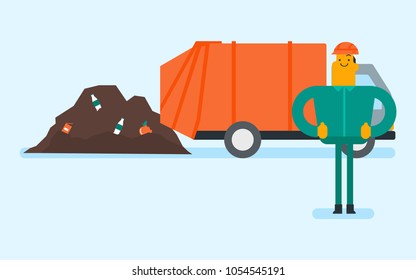 Caucasian white man standing on the background of garbage truck unloading waste on a rubbish dump. Worker dumping the rubbish on a landfill. Vector cartoon illustration. Horizontal layout.