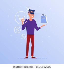 A caucasian white man in VR headset with virtual hud interface elements symbolizing online shopping. Concept of e-commerce operated by virtual reality tools. Vector flat design illustration.