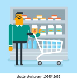 Caucasian White Man Walking With Basket On Aisle With Dairy Products In The Supermarket. Man Holding An Empty Basket And Doing Shopping In The Supermarket. Vector Cartoon Illustration. Square Layout.