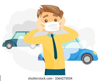 Caucasian white man wearing mask because of toxic air pollution while standing on the background of car with traffic fumes. Vector cartoon illustration isolated on white background. Horizontal layout. Caucasian white man wearing mask because of toxic air pollution while standing on the background of car with traffic fumes. Vector cartoon illustration isolated on white background. Horizontal layout.