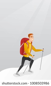 Caucasian white mountaineer climbing a snowy ridge with help of hiking poles. Young mountaineer with a backpack and trekking poles walking up along ridge. Vector cartoon illustration. Vertical layout.
