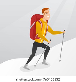 Caucasian white mountaineer climbing a snowy ridge with help of hiking poles. Young mountaineer with a backpack and trekking poles walking up along a ridge. Vector cartoon illustration. Square layout.