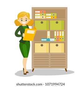 Caucasian white office worker working with legal documents. Office worker standing next to the cupboard with folders and inspecting documents. Vector cartoon illustration isolated on white background.