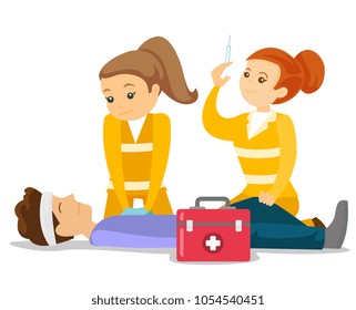 Caucasian white paramedics doing cardiopulmonary resuscitation of a man. Team of emergency doctors during process of resuscitation of unconscious person. Vector cartoon illustration. Horizontal layout