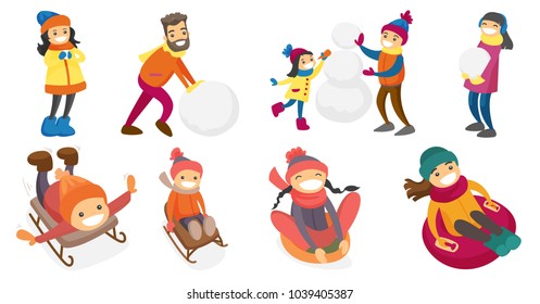 Gente blanca caucásica jugando en la nieve. Niños y adultos construyendo un muñeco de nieve, disfrutando de un viaje en trineo, durmiendo en tubo de goma. Conjunto de ilustraciones vectoriales aisladas en fondo blanco.