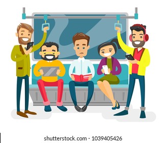 Caucasian white people reading book, using smartphones and tablet computer, listenig music in headphone in the metro. Group of young passengers traveling by metro. Vector isolated cartoon illustration