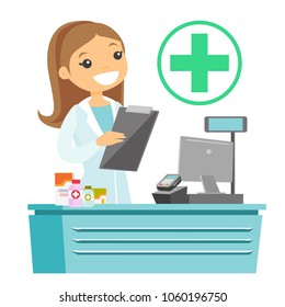 Caucasian white pharmacist holding a prescription and writing notes. Pharmacist in medical gown standing behind the counter and reading a prescription. Vector cartoon illustration. Square layout.