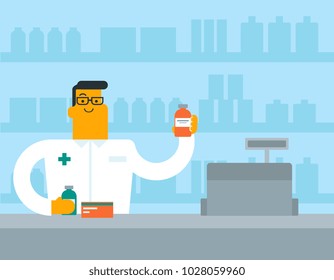 Caucasian white pharmacist in medical gown standing behind the counter in the pharmacy and showing some medicine. Pharmacist holding a vial with tablets. Vector cartoon illustration. Square layout.