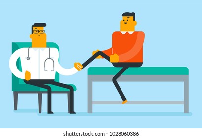 Caucasian white physiotherapist doctor checking the ankle of a patient. Physio giving a leg massage to a patient. Medicine and health care concept. Vector cartoon illustration. Horizontal layout.