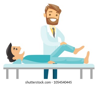 Caucasian white physiotherapist doctor checking the ankle of a patient. Physio giving a leg massage to a patient. Medicine and health care concept. Vector cartoon illustration. Horizontal layout.