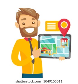 Caucasian white real estate agent showing house location on tablet. Realtor holding tablet with mobile gps navigation application showing the route from house to shop. Vector cartoon illustration.