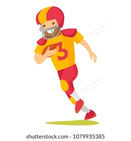 Caucasian white rugby player in helmet and uniform holding ball in hand. Full length of male american football player running with ball. Vector cartoon illustration isolated on white background.