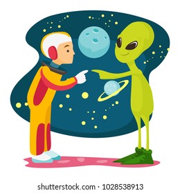 Caucasian white space exploration astronaut and green alien meet for the first time. Human and alien touching each other with their fingers. Vector cartoon illustration isolated on white background.