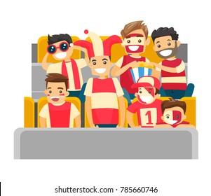 Caucasian white sport supporters sitting at the stadium at a sporting event. Crowd of spectators watching game at the stadium. Vector cartoon illustration isolated on white background. Square layout.