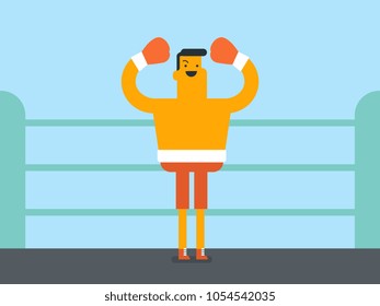 Caucasian white sportsman in boxing gloves standing in the boxing ring with raised hands. Professional male boxer celebrating after successful fight. Vector cartoon illustration. Horizontal layout.