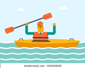 Caucasian white sportsman in helmet and life jacket riding a kayak on the river. Man rowing with a paddle while traveling by boat. Man paddling a canoe. Vector cartoon illustration. Horizontal layout.
