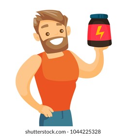 Caucasian white sportsman holding a jar with protein. Young muscular bodybuilder with protein jar. Bodybuilding and sports nutrition concept. Vector cartoon illustration isolated on white background.