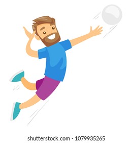 Caucasian white sportsman playing volleyball. Male professional volleyball player hitting the ball. Concept of sport and physical activity. Vector cartoon illustration isolated on white background.