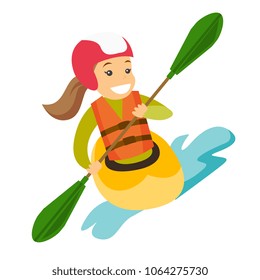 Caucasian white sportswoman in helmet and life jacket riding a kayak on river. Woman rowing with a paddle while traveling by boat. Woman paddling a canoe. Vector cartoon illustration. Square layout.