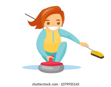 Caucasian white sportswoman playing curling on the ice rink. Curling player with a broom in hand delivering a stone and sliding over the ice. Vector cartoon illustration isolated on white background.