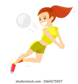 Caucasian white sportswoman playing volleyball. Female professional volleyball player hitting the ball. Concept of sport and physical activity. Vector cartoon illustration isolated on white background