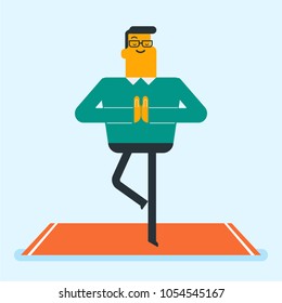 Caucasian white sporty person meditating in yoga tree position. Young happy sportsman doing yoga exercises on the mat. Healthy lifestyle concept. Vector cartoon illustration. Square layout.