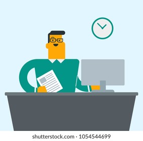 Caucasian white student sitting at the table with a laptop. Young student using a laptop computer for education. Educational technology concept. Vector cartoon illustration. Square layout.