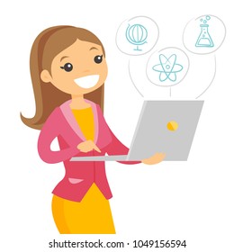 Caucasian white student working on a laptop computer connected with icons of school sciences. Education and elearning concept. Vector cartoon illustration isolated on white background. Square layout.