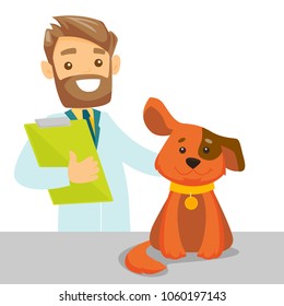 Caucasian white veterinarian doctor examining the dog in the hospital. Veterinarian doctor stroking the dog at vet clinic. Concept of medicine and pet care. Vector cartoon illustration. Square layout.