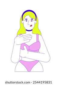 Caucasian white woman in brassier examining breast 2D cartoon character. Mastopathy early detection. Blonde female touching chest isolated person flat vector on white. Spot illustration colorful