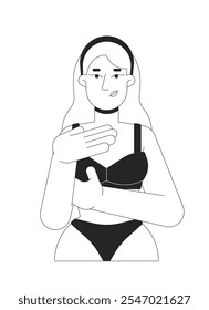 Caucasian white woman in brassier examining breast black and white 2D line character. Mastopathy detection. Blonde female touching chest isolated vector outline person. Monochrome spot illustration