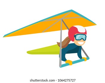 Caucasian white woman flying on hang-glider. Sportswoman taking part in hang gliding competitions. Woman having fun while gliding on delta plane in sky. Vector cartoon illustration. Horizontal layout.