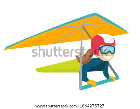 Caucasian white woman flying on hang-glider. Sportswoman taking part in hang gliding competitions. Woman having fun while gliding on delta plane in sky. Vector cartoon illustration. Horizontal layout.