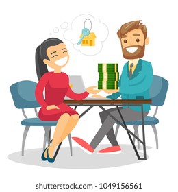 Caucasian white woman giving money for a house to real estate agent. Conclusion of real estate deal between realtor and buyer. Vector cartoon illustration isolated on white background. Square layout.