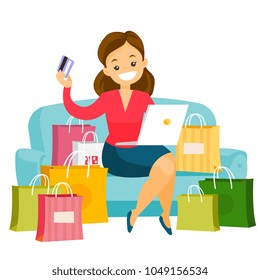 Caucasian white woman sitting on the couch among shopping bags with laptop computer and credit card. Woman buying things online. Vector cartoon illustration isolated on white background. Square layout