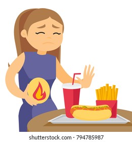 Caucasian white woman standing near table with fast food and having stomach ache from heartburn. Girl suffering from heartburn after fast food. Vector cartoon illustration isolated on white background