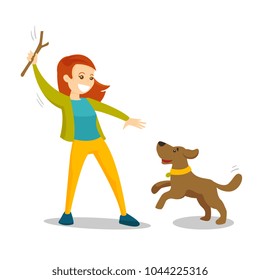 Caucasian white woman training dog with stick. Young woman playing with her small dog on a walk. Owner throwing stick for puppy. Vector cartoon illustration isolated on white background. Square layout