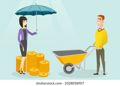 Caucasian white woman with umbrella protecting bitcoin coins of young businessman. Cryptocurrency cold walle, insurance and safe storage of bitcoins concept. Vector cartoon illustration. Square layout