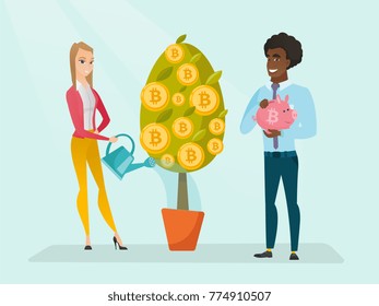 Caucasian white woman watering tree with tokens and afriacn man holding piggy bank with bitcoin symbol. Investment and profit in blockchain network technology, ICO concept. Vector cartoon illustration