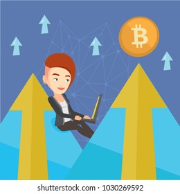 Caucasian white woman working on laptop in the mountains and mining bitcoins. Bitcoin trading, cryptocurrency mining, blockchain network technology concept. Vector cartoon illustration. Square layout.