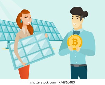 Caucasian white worker of solar power plant holding solar panel and young asian man standing nearby with a bitcoin coin. Investment of cryptocurrency in green technology. Vector cartoon illustration.
