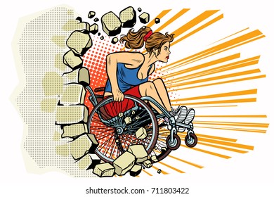 Caucasian woman athlete in a wheelchair punches the wall. person in sports. Barrier-free environment for disabled. pop art retro vector illustration