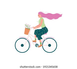 Caucasian woman in bicycle flat color vector detailed character. Girl on bike, flowers in basket. Spring outdoor activity isolated cartoon illustration for web graphic design and animation