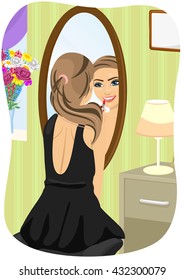 Caucasian woman in black dress applying lipstick looking at mirror in bedroom